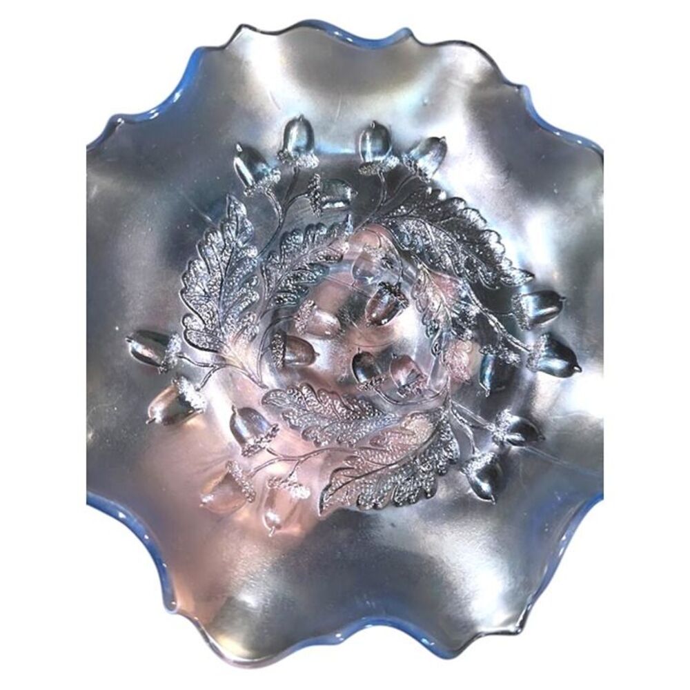 Vintage Blue Iridescent Fenton Acorn Wreath Crimped Bowl